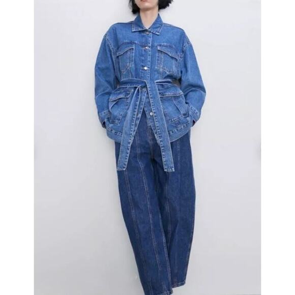 Zara Womens Slouchy High Waist Barrel Leg Button Zip Paneled Jeans Denim Pockets - Picture 1 of 14